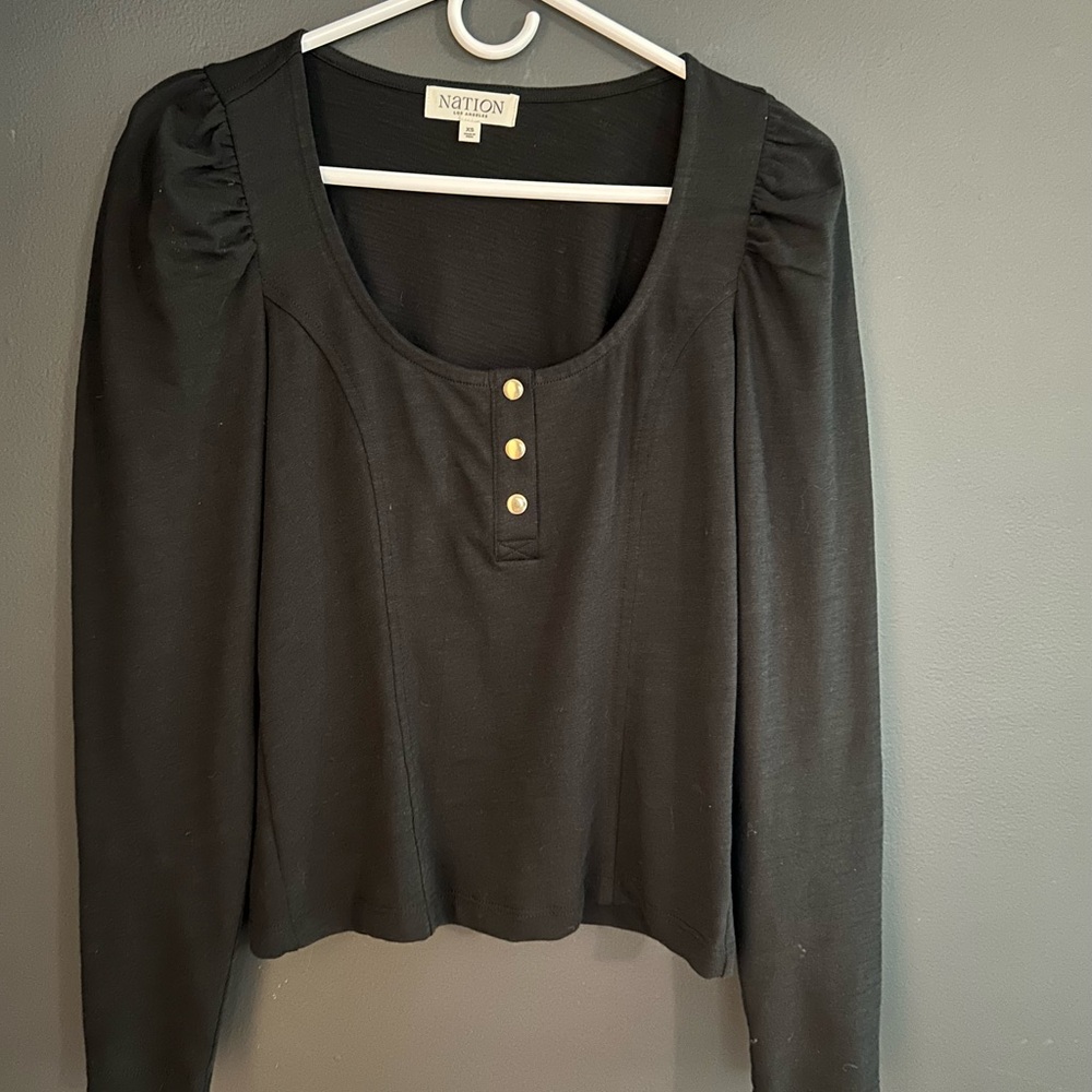 Nation LTD Black Long Sleeve Top with Button Detail